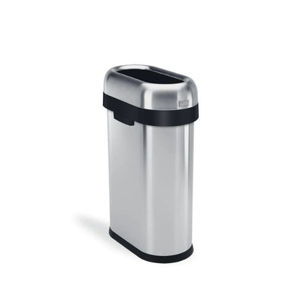 Simplehuman 50L Slim Open Bullet Bin in brushed steel shown from the rear side with open-top design and black trim.