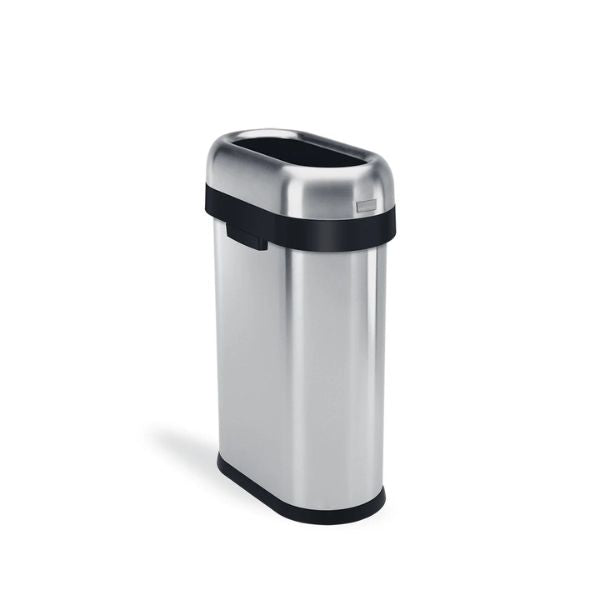 Simplehuman 50L Slim Open Bullet Bin in brushed steel shown from the rear side with open-top design and black trim.