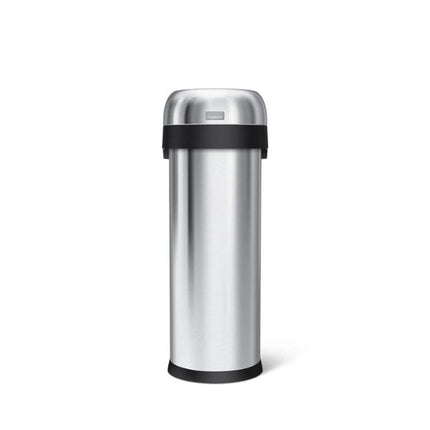 Simplehuman 50L Slim Open Bullet Bin in brushed steel with tall space-saving design and black trim.