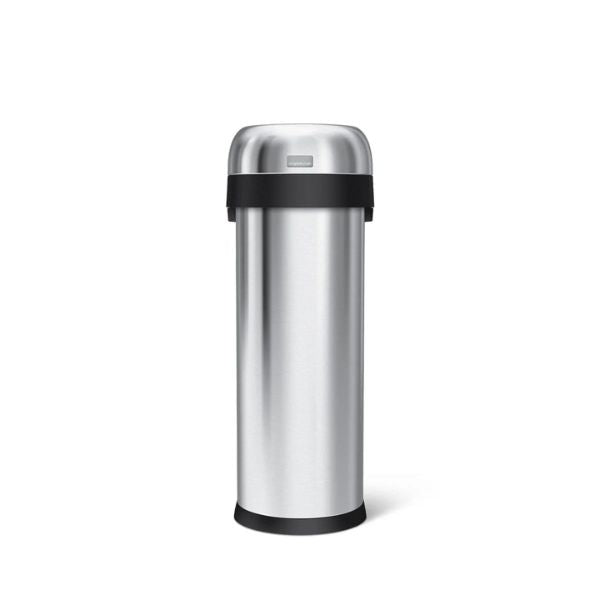 Simplehuman 50L Slim Open Bullet Bin in brushed steel with tall space-saving design and black trim.