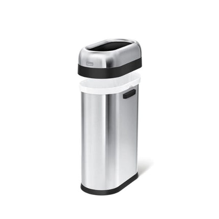 Simplehuman 50L Slim Open Bullet Bin in brushed steel with removable top lifted to show the fitted bin liner.