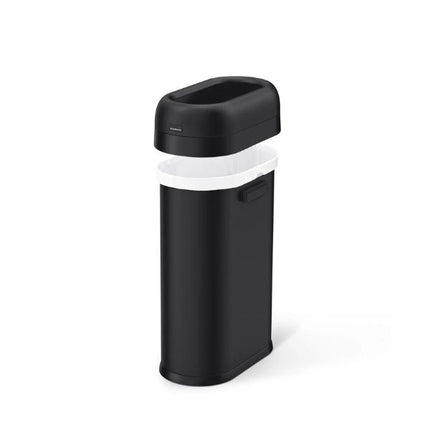 Simplehuman 50L Slim Open Bullet Bin in matte black with removable top lifted to show the fitted bin liner.