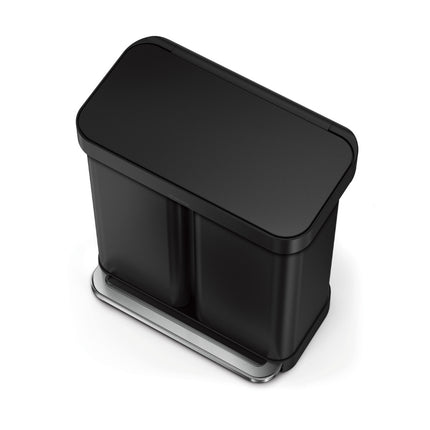 High-angle view of the Simplehuman 58L matte black recycler bin with its rectangular lid closed.