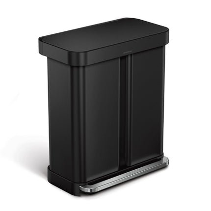 Simplehuman 58L matte black dual-compartment recycler pedal bin with a closed lid and wide silver foot pedal.