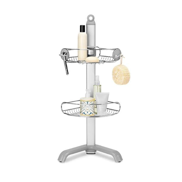 Simplehuman corner shower caddy with two stainless steel wire shelves, hooks, toiletries and a stable three-foot base.