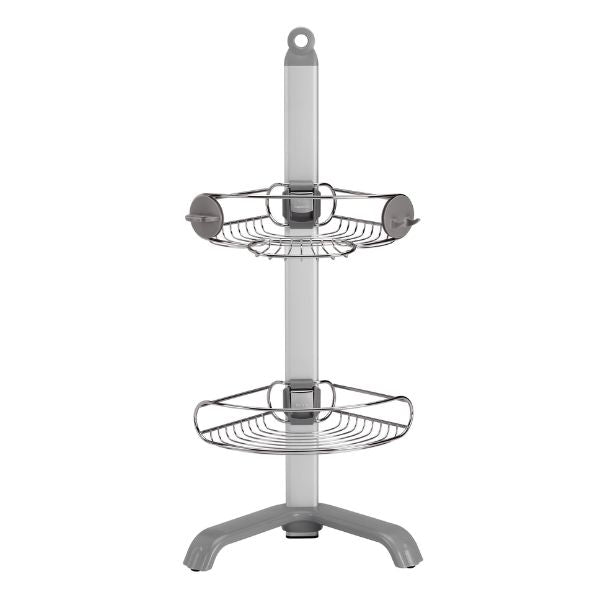 Front view of Simplehuman corner shower caddy with two stainless steel wire shelves, an aluminium pole and three-foot base.