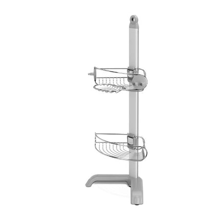 Side view of Simplehuman corner shower caddy showing two triangular stainless steel wire shelves, aluminium pole and three-foot base.