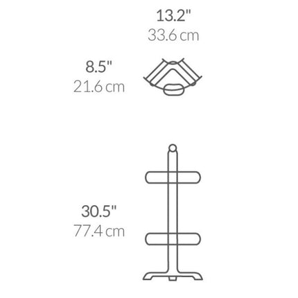 Simplehuman corner shower caddy dimensions: 77.4 cm high, 33.6 cm wide and 21.6 cm deep (30.5 × 13.2 × 8.5 inches).