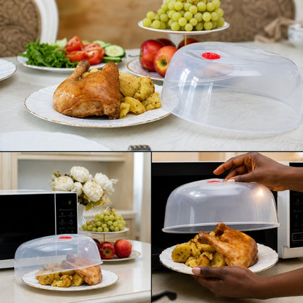 Three-panel collage showing the Sozali 25cm microwave cover placed over roast chicken and potatoes before reheating.