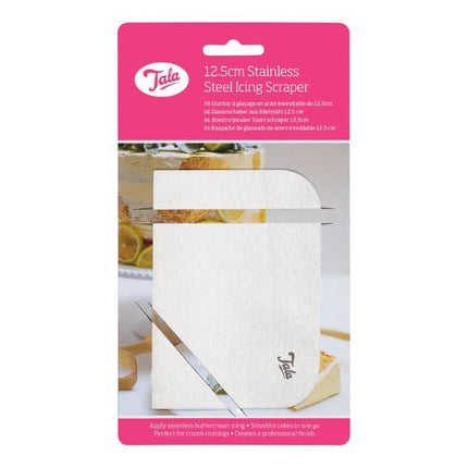 Front view of a packaged Tala 12.5 cm stainless steel icing scraper with a rounded corner