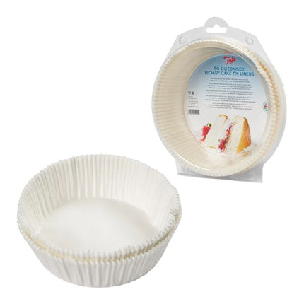 Stack of Tala 18 cm (7-inch) siliconised cake tin liners beside the pack of 50