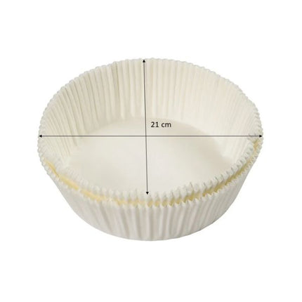 Stack of white Tala 18 cm round cake tin liners showing a 21 cm measurement across the flared top