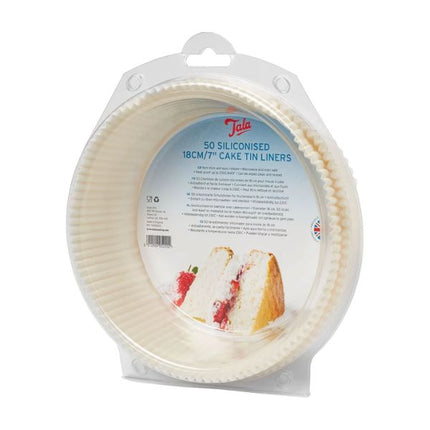 Angled view of a Tala pack of 50 siliconised 18 cm (7-inch) round cake tin liners in clear packaging