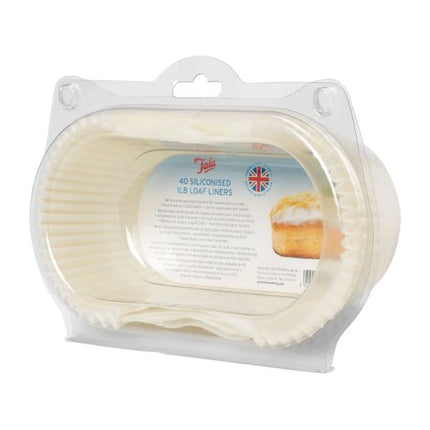 Angled front view of a Tala pack of 40 siliconised 1 lb loaf tin liners in clear packaging