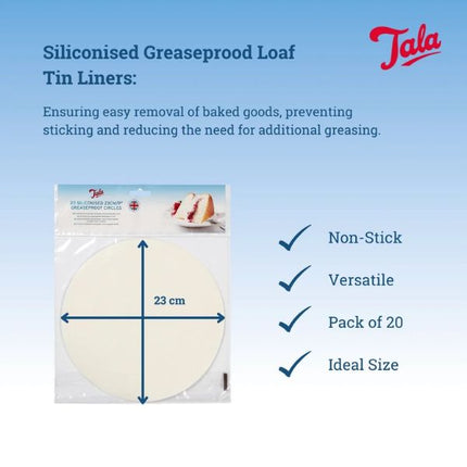 Tala 23 cm greaseproof circle infographic highlighting non-stick performance, versatile use, easy release and a pack of 20