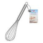 A stainless steel wire whisk with a cylindrical handle and a hanging chain tag, shown on a plain white background with its product card attached.