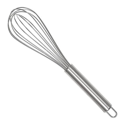 A stainless steel wire whisk with a cylindrical handle and a hanging loop, shown diagonally on a plain white background.
