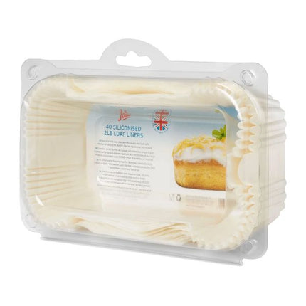 Angled view of a Tala pack of 40 siliconised 2 lb loaf tin liners in clear packaging