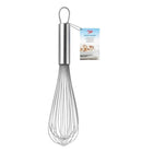 A stainless steel wire whisk with a hanging loop and a small attached product tag, shown on a plain white background.