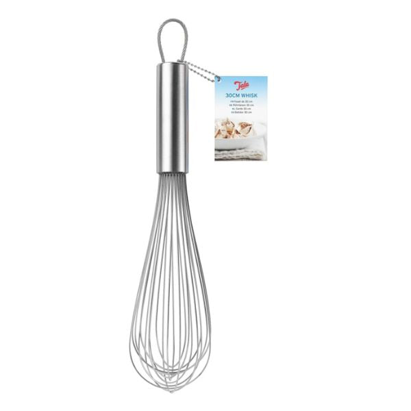 A stainless steel wire whisk with a hanging loop and a small attached product tag, shown on a plain white background.