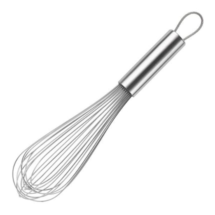 A stainless steel mini whisk with a cylindrical handle and a hanging loop, shown on a plain white background.
