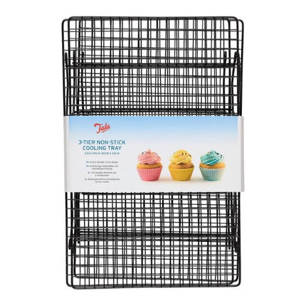 Front view of the black Tala 3-tier non-stick cake cooling rack, 40 × 25 cm, with product sleeve