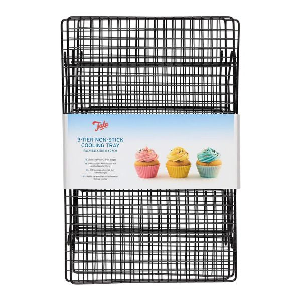 Front view of the black Tala 3-tier non-stick cake cooling rack, 40 × 25 cm, with product sleeve