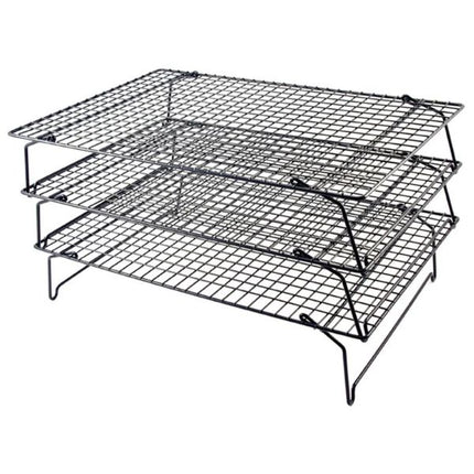 Three black rectangular Tala non-stick cooling racks stacked on fold-out legs, each measuring 40 × 25 cm