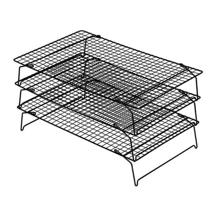 Angled view of the assembled black Tala 3-tier non-stick cooling rack with fold-out legs, measuring 40 × 25 cm