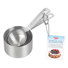 Set of stainless steel measuring cups with a packaging label on a white background