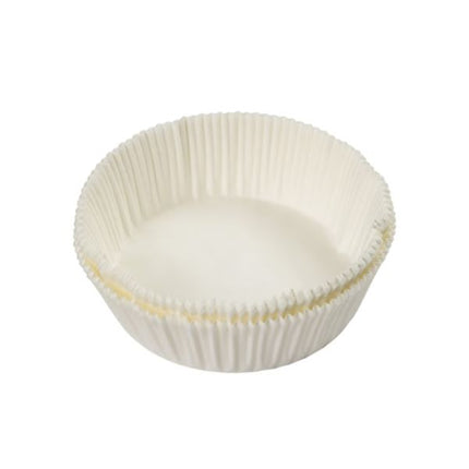 White cupcake liner with gold trim on a white background