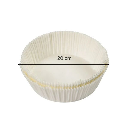 A single white paper cupcake liner shown on a plain white background with a black measurement arrow across the top indicating a diameter of 20 cm.