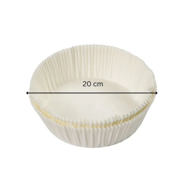 A single white paper cupcake liner shown on a plain white background with a black measurement arrow across the top indicating a diameter of 20 cm.