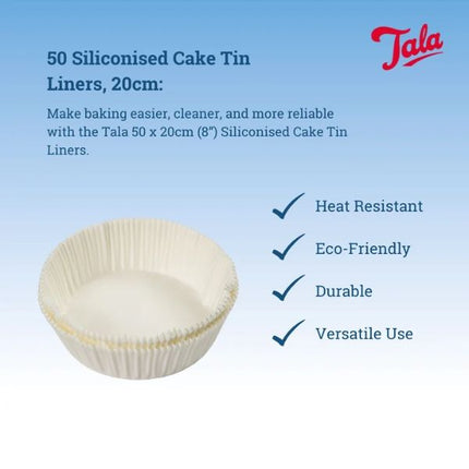 A promotional graphic for Tala 50 silicone cake tin liners, 20cm in size. The image features a single off-white silicone liner on the left, accompanied by marketing text and checkmarks highlighting key benefits: heat resistance, eco-friendliness, durability, and versatility.