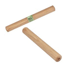 Two light natural wood rolling pin, one lying horizontally with a green paper label in the middle and the other vertically with a small dark logo near the bottom right, set against a plain white background.