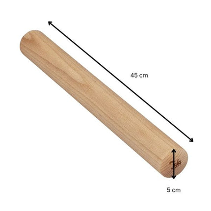 A wooden rolling pin shown diagonally on a white background with black dimension arrows and labels indicating a length of 45 cm and a diameter of 5 cm.