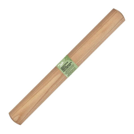 A single wooden rolling pin with a light natural wood finish and a green paper label in the center, shown diagonally on a plain white background.