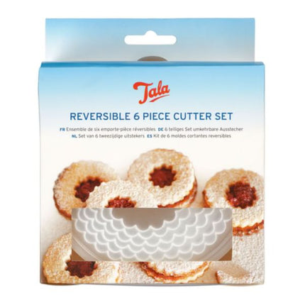 Tala Reversible 6 Piece Cutter Set in its original retail packaging, featuring a blue and white box with a photo of sandwich cookies and a clear window showing the white scalloped cutter inside.