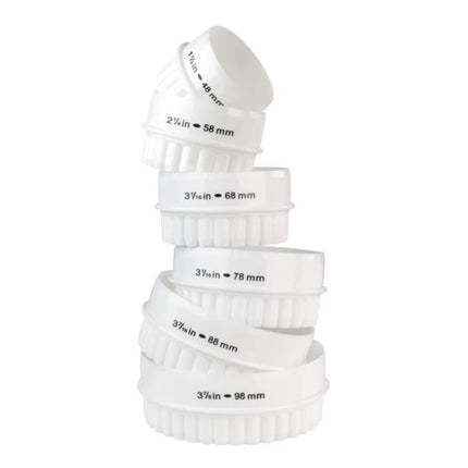 A set of six white plastic funnel nozzles in ascending sizes, stacked vertically on a plain white background. Each funnel is printed with its diameter and conversion to millimeters (e.