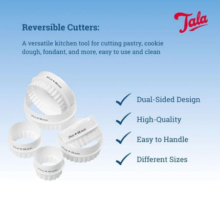 A promotional graphic for Tala reversible pastry cutters, showing several white plastic ring-shaped cutters in different sizes on a light blue gradient background with descriptive text and feature checkmarks.