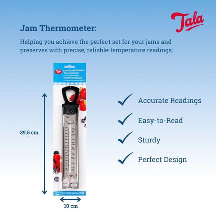 Tala jam thermometer infographic showing a 39.5 × 10 cm package with an accurate, easy-to-read scale and sturdy design