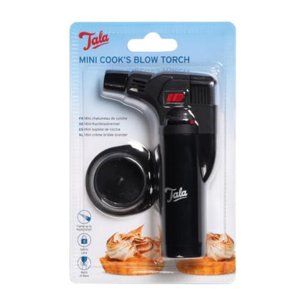 Tala Mini Cook's Blow Torch in its original retail blister packaging, featuring a black handheld torch and a round black attachment on a white and blue backing card.