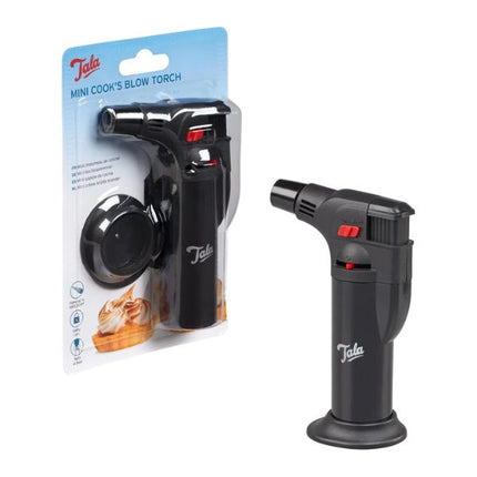 A Tala mini cook's blow torch shown both inside its blue retail blister packaging and unpackaged on a plain white background.