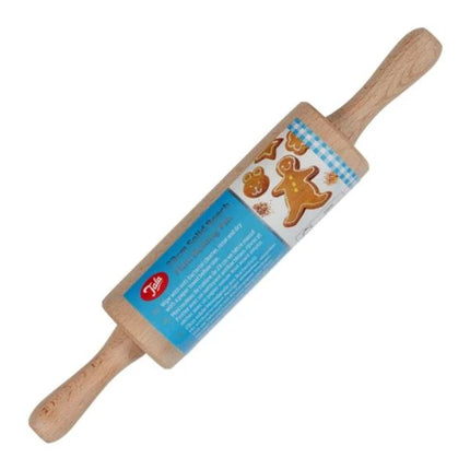 A wooden rolling pin with a blue and white printed label featuring gingerbread cookies, photographed on a plain white background.