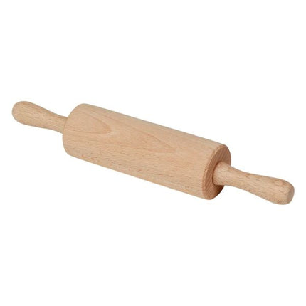A light natural wood rolling pin with a smooth finish, shown diagonally on a plain white background.