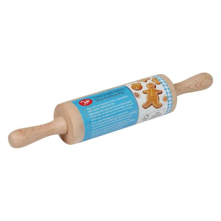 Wooden rolling pin with a gingerbread man design on a white background