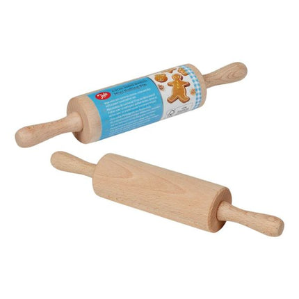 Two wooden rolling pins on a plain white background, with one pin showing its blue printed paper label and the other shown without the label.