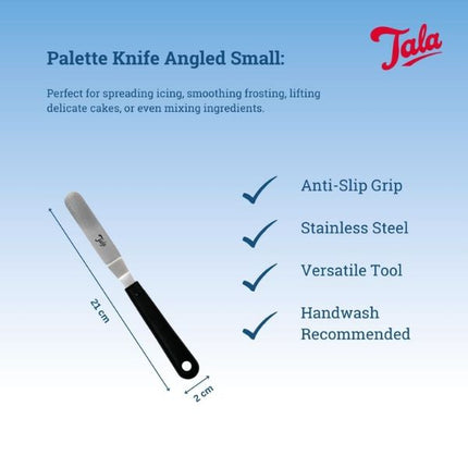 Tala small angled stainless steel palette knife with black anti-slip grip, measuring 21 cm long and 2 cm wide