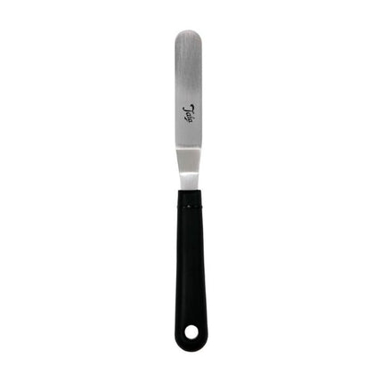 Front view of a Tala small angled stainless steel palette knife with black anti-slip handle on a white background