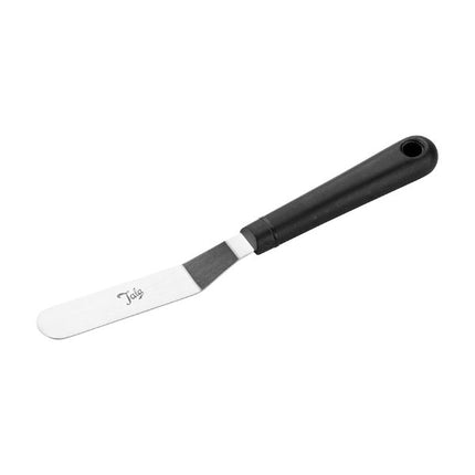 Angled view of a Tala small offset palette knife with a rounded stainless steel blade and black handle